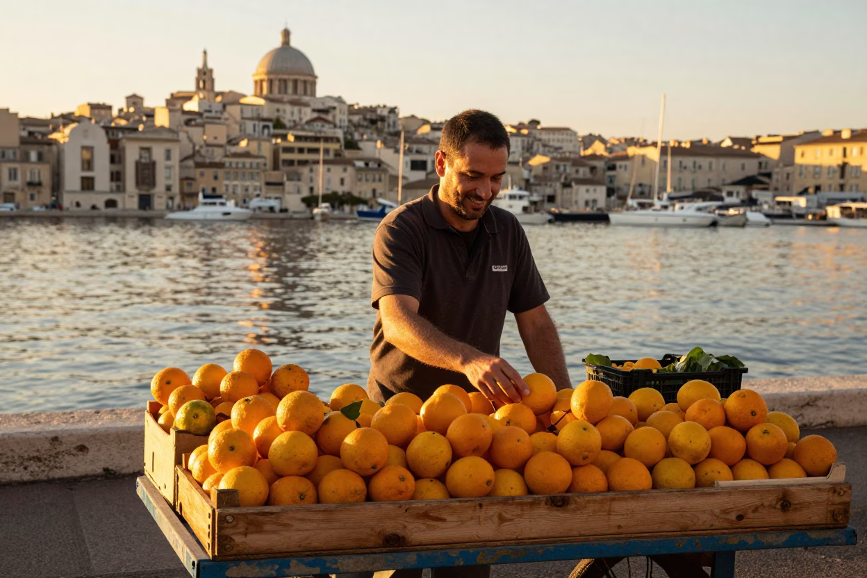 Fruiterer Selling Fresh Produce Near Old Port Marseille at Sunset in in Marseille, France