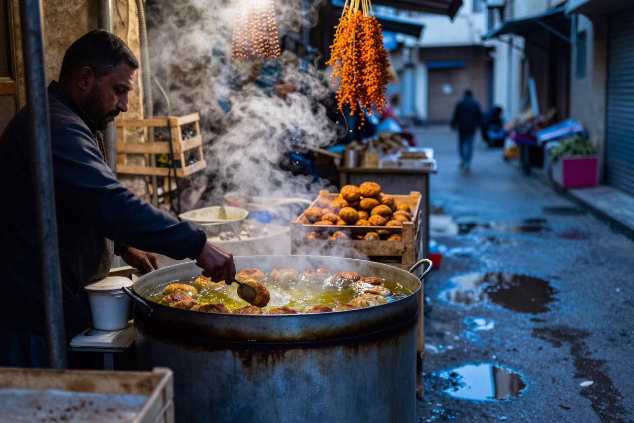 Frying Falafel in Beirut Evening Market in in a flea market lane in Bourj Hammoud, Beirut