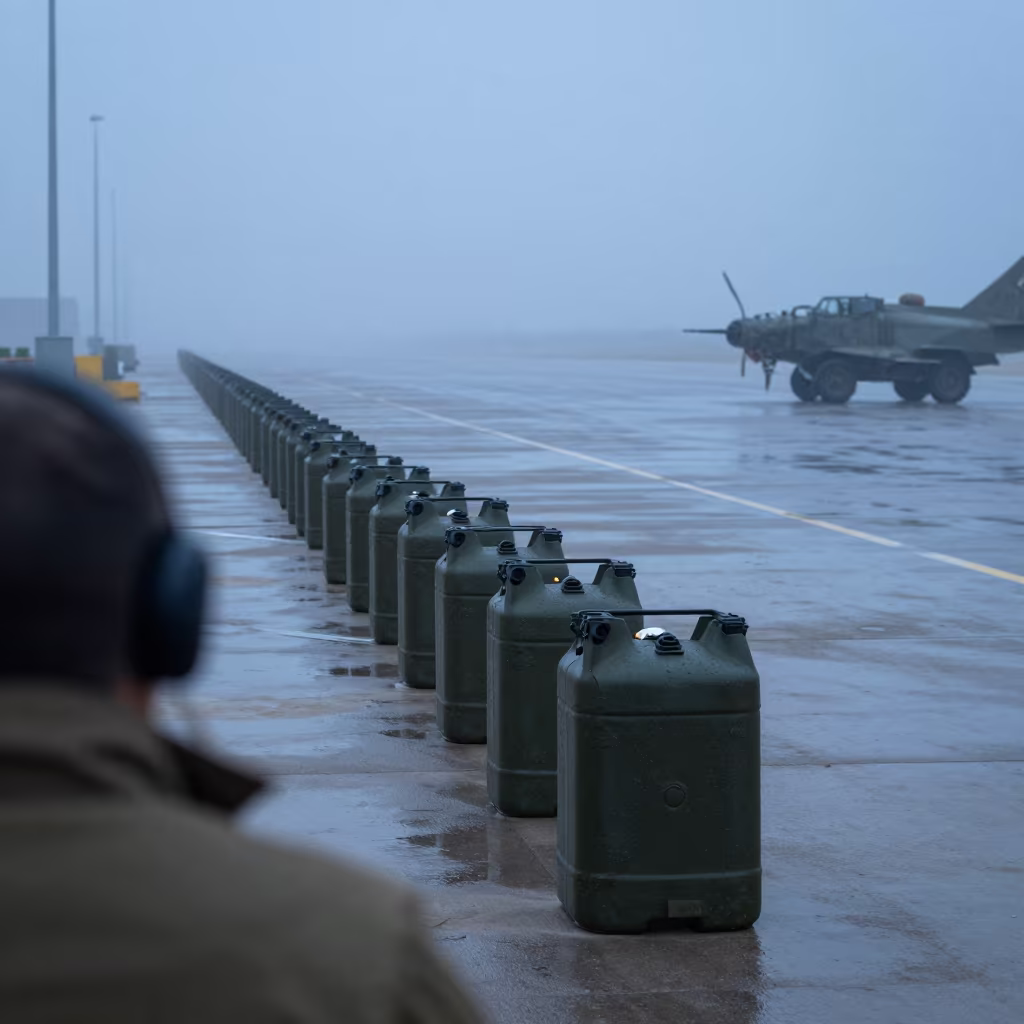 Fuel Cans Aligned on Umm Qasr Flight Line in along an airbase flight line in Umm Qasr