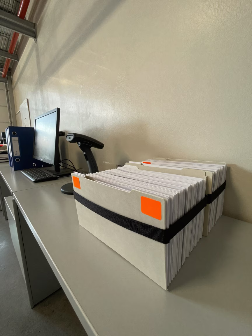 Fuel Card Exception Folder on Dock Office Desk in inside a warehouse aisle in Split