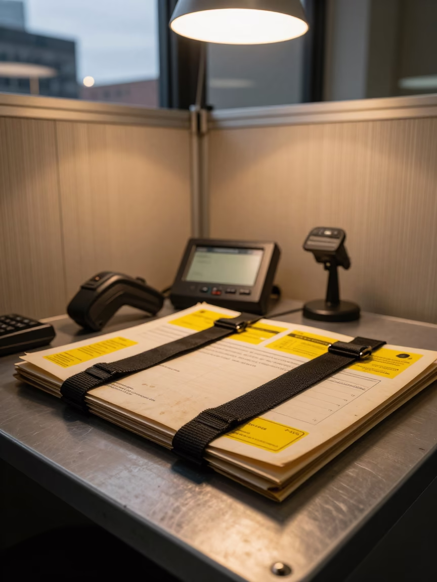 Fuel Card Folder Under Office Light in inside a dispatch office above the dock in Chippendale, Sydney