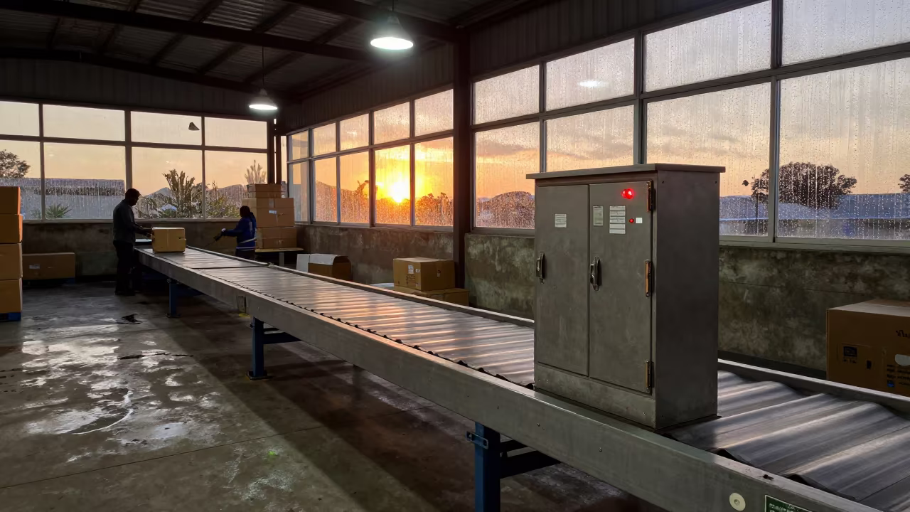 Fuel Card Lockbox on Sorting Belt at Sunset in at a parcel sorting belt in Bulawayo