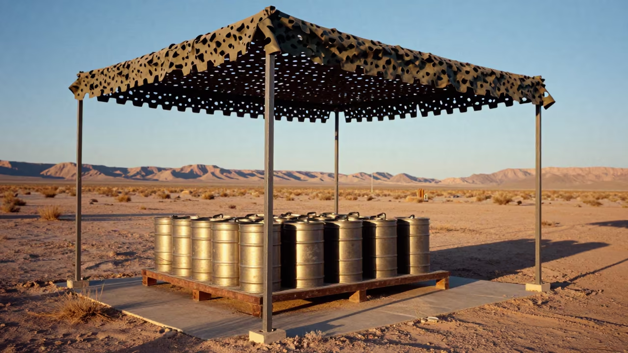 Fuel Sample Caddy Under Camo Net in Utah Desert in beneath a camouflage net shelter in Utah