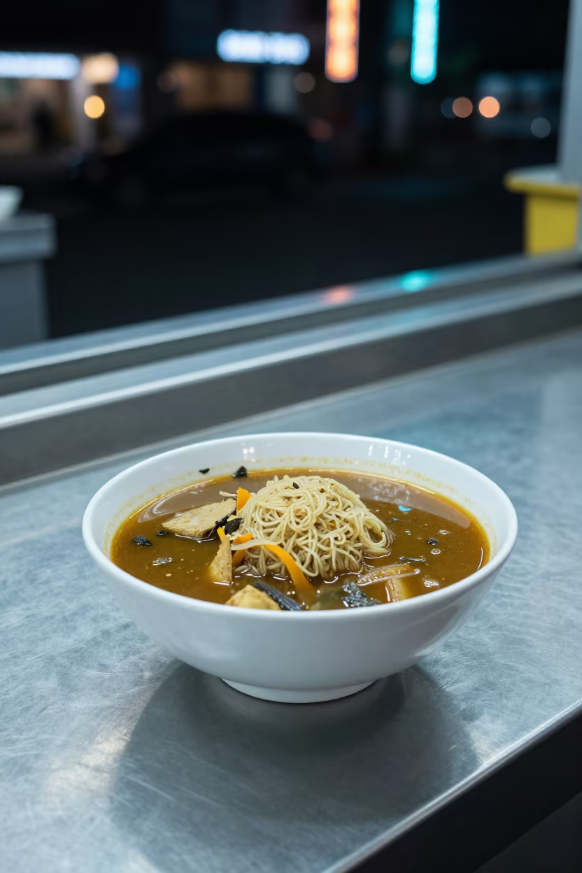 Fufu and Egusi Soup on Neon-Lit Counter in Bandung in at a noodle counter in Bandung