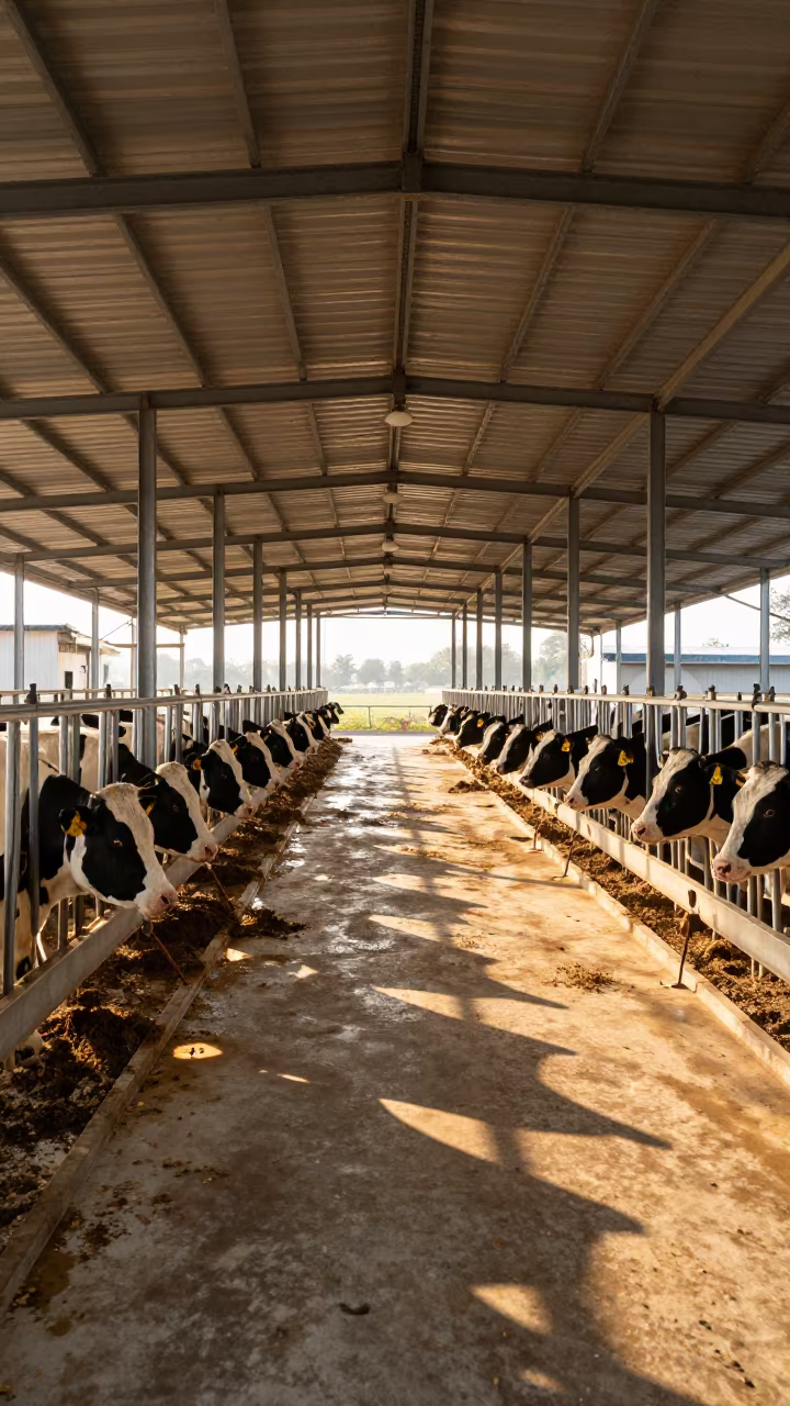 Fujian Dairy Parlor Floor Reflecting Late Afternoon Light in in a dairy milking parlor in Fujian