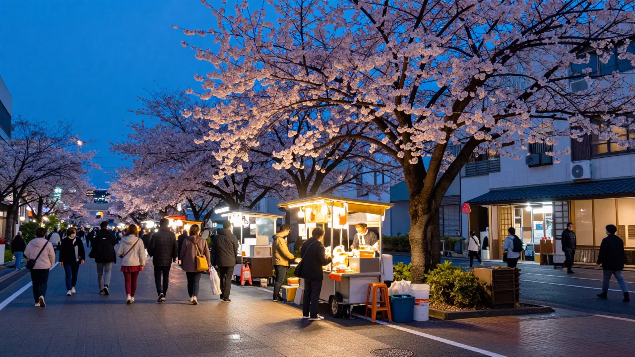 Fukuoka Blue Hour Street Scene with Food Stall and Cherry Blossoms in in Fukuoka, Japan