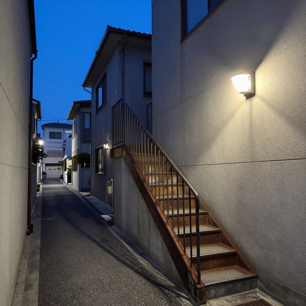 Fukuoka Blue Hour Street Scene With Stair Rail And Wall Sconce in in Fukuoka, Japan