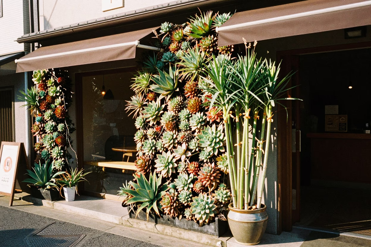 Fukuoka Cafe Exterior Living Wall of Succulents and Lemongrass Late Morning in in Fukuoka, Japan