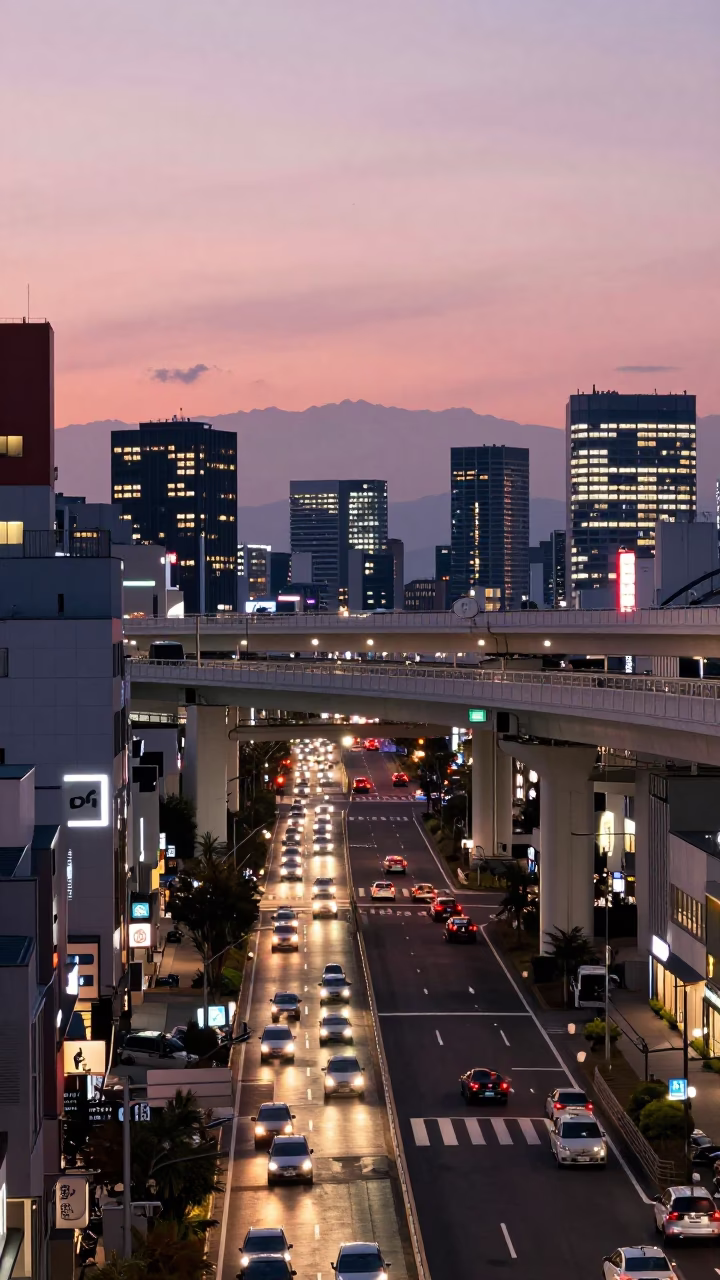 Fukuoka City Lights Glow Over Busy Highway Flyover and Urban Street Scene at Dusk in in Fukuoka, Japan