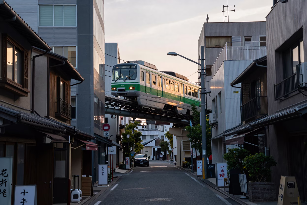 Fukuoka City Monorail Passing Over Narrow Street at Dawn with Local Shop Signage in in Fukuoka, Japan