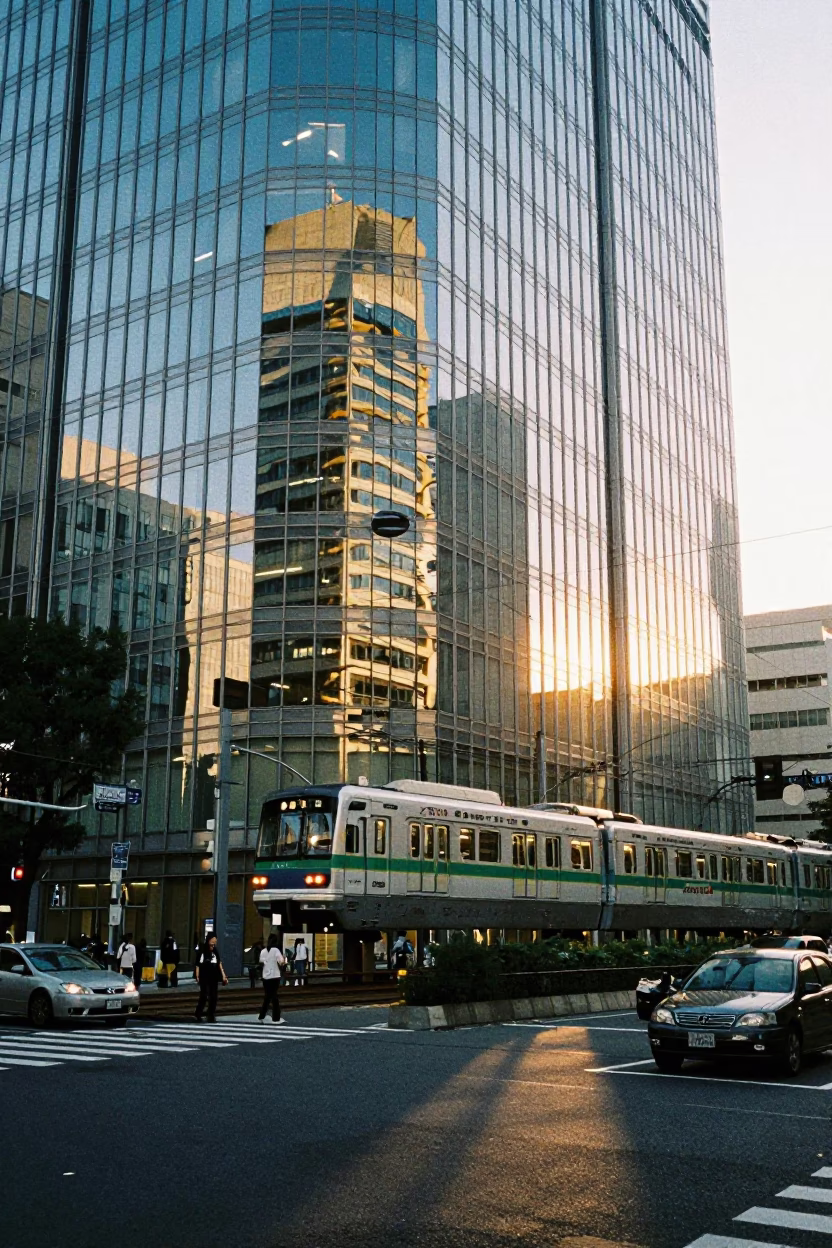 Fukuoka City Monorail Reflected in Glass Skyscraper Late Afternoon Street Scene in in Fukuoka, Japan
