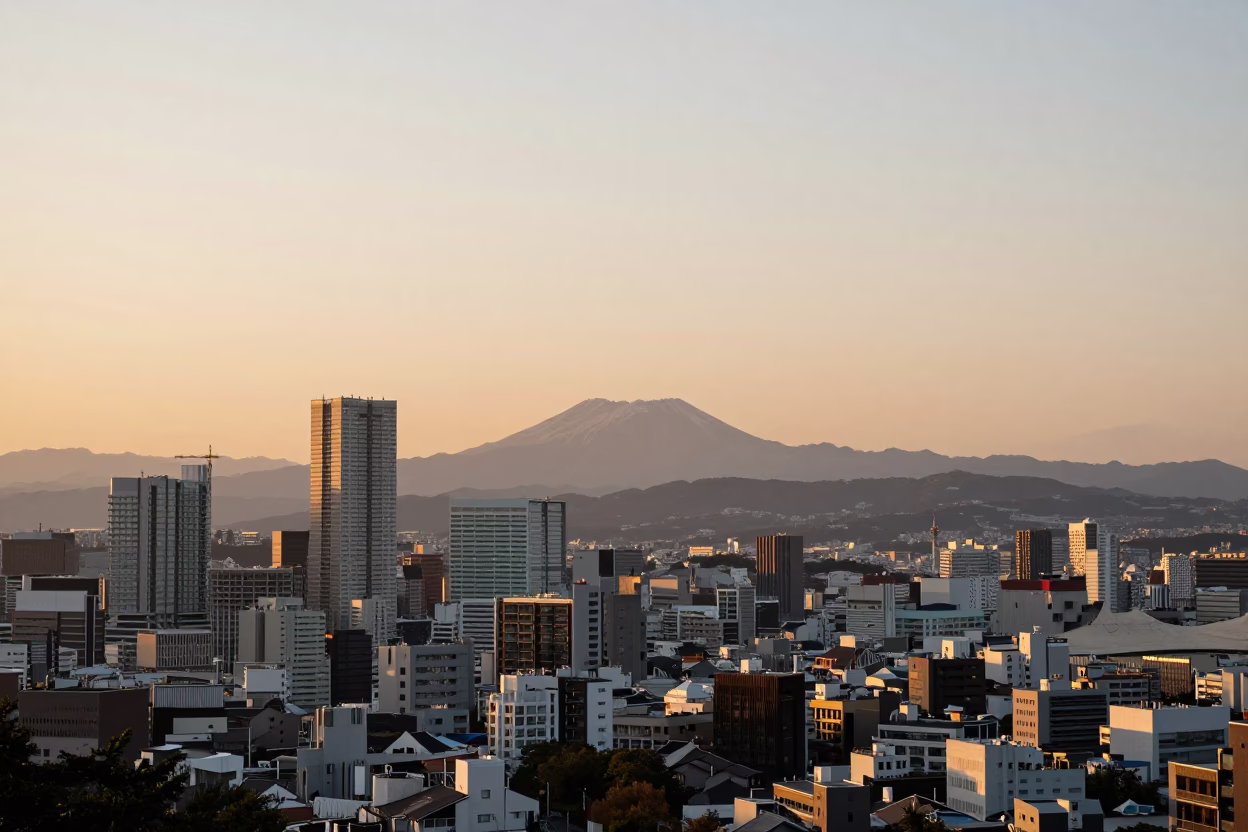 Fukuoka Cityscape at Sunset with Mount Sojo and Urban Diners in in Fukuoka, Japan