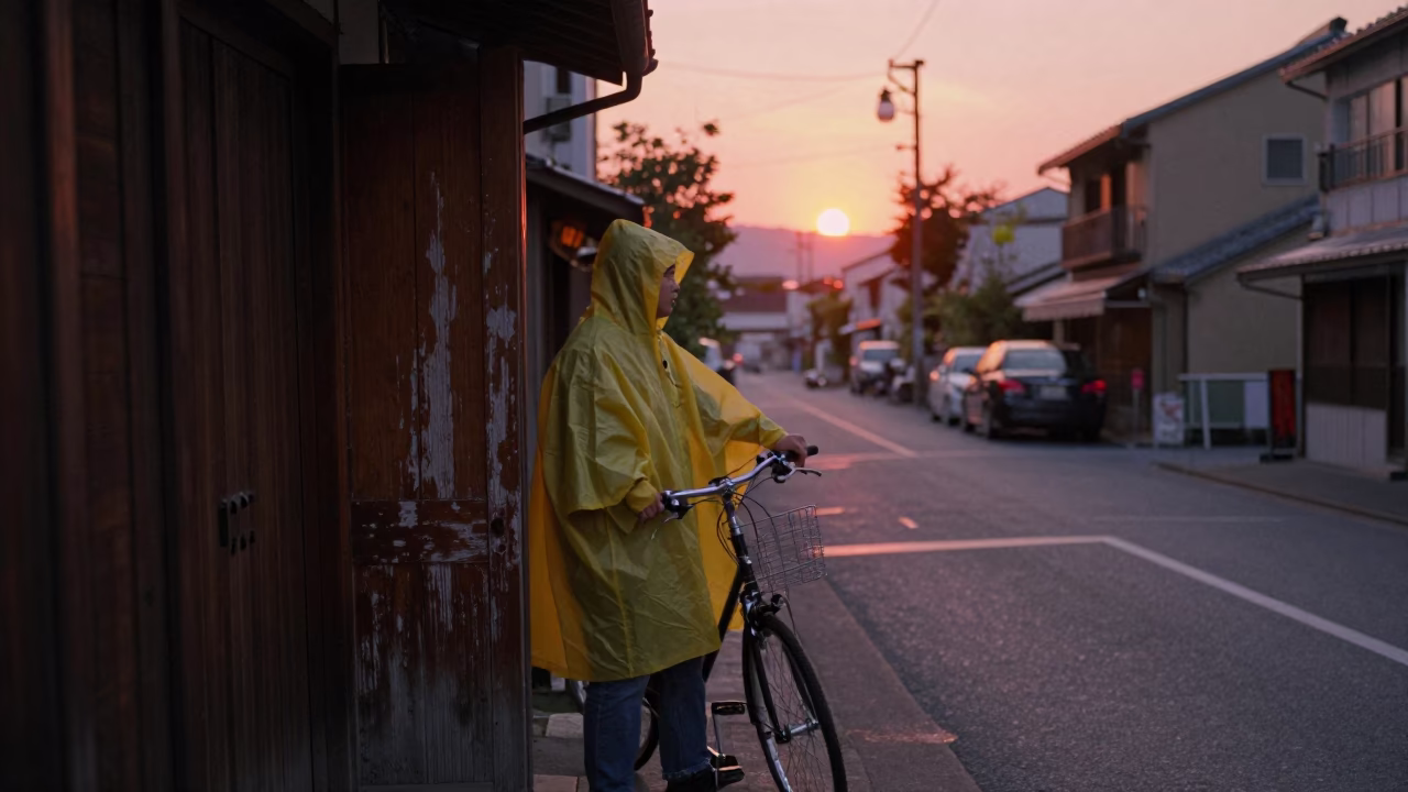 Fukuoka Cyclist Pausing at Copper-toned Light Before Dusk in in Fukuoka, Japan