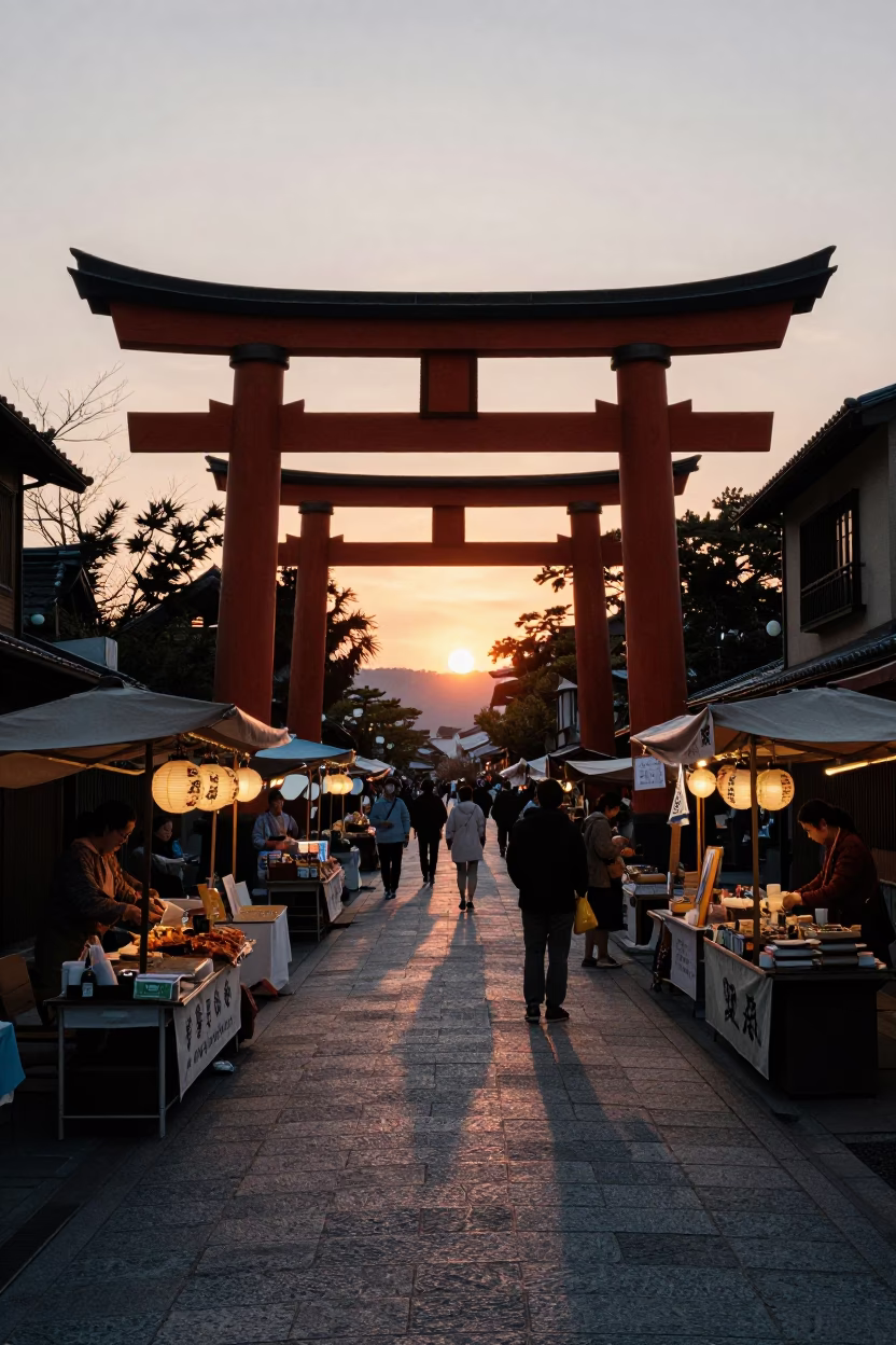 Fukuoka Dazaifu Evening Street Scene with Local Vendors and Traditional Lanterns at Sunset in in Fukuoka, Japan