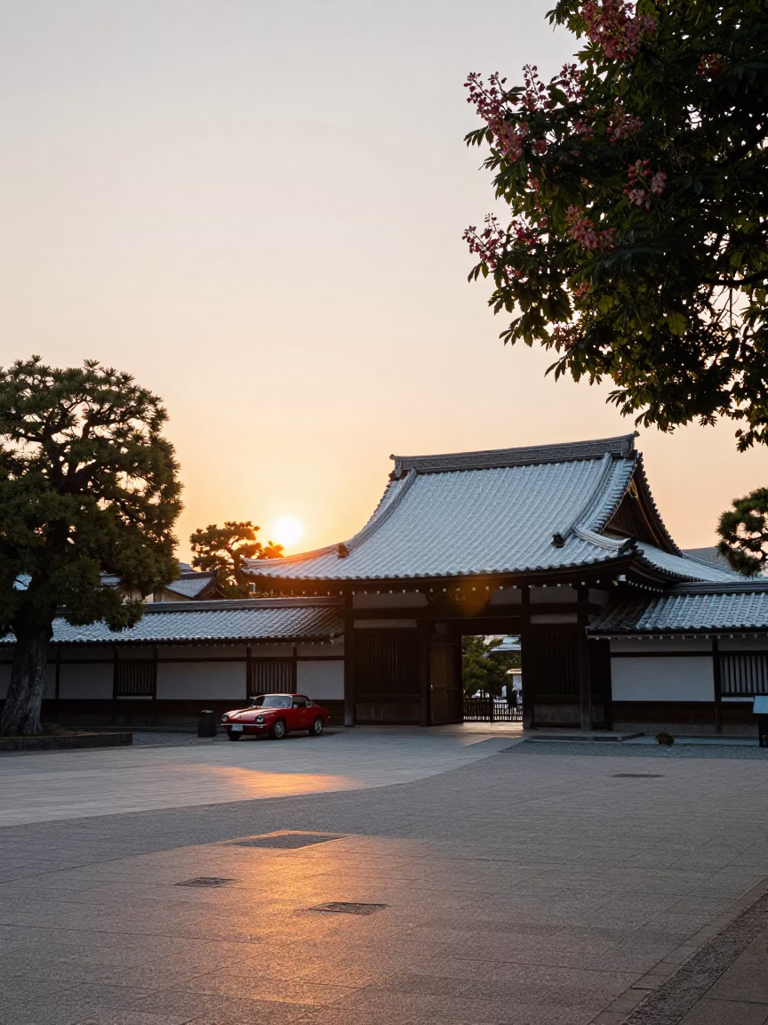 Fukuoka Dazaifu Museum Exterior at Sunset with Chestnut Tree and Vintage Red Sports Car in in Fukuoka, Japan