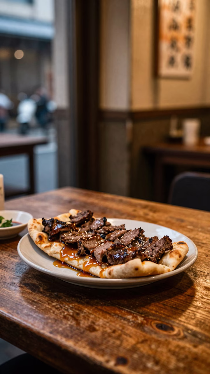 Fukuoka Diner Evening Scene with Plate of Iskender Kebab and Tomato Sauce in in Fukuoka, Japan