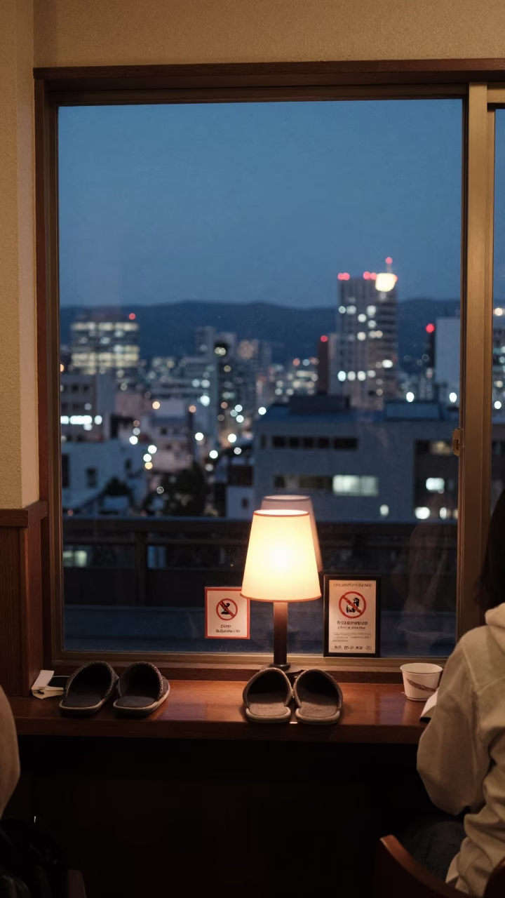 Fukuoka Diner Window View at Dusk with Slippers and City Lights in in Fukuoka, Japan
