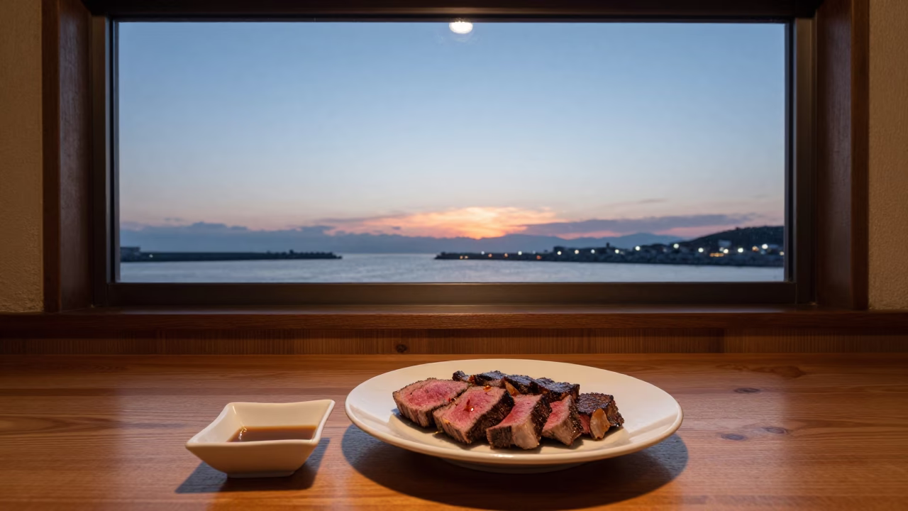 Fukuoka Diner Window View at Sunset with Wagyu Beef and Leaf Shadows in in Fukuoka, Japan