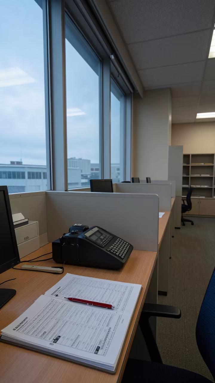 Fukuoka Dispatch Binder Before First Light in inside a dispatch office above the dock in Fukuoka