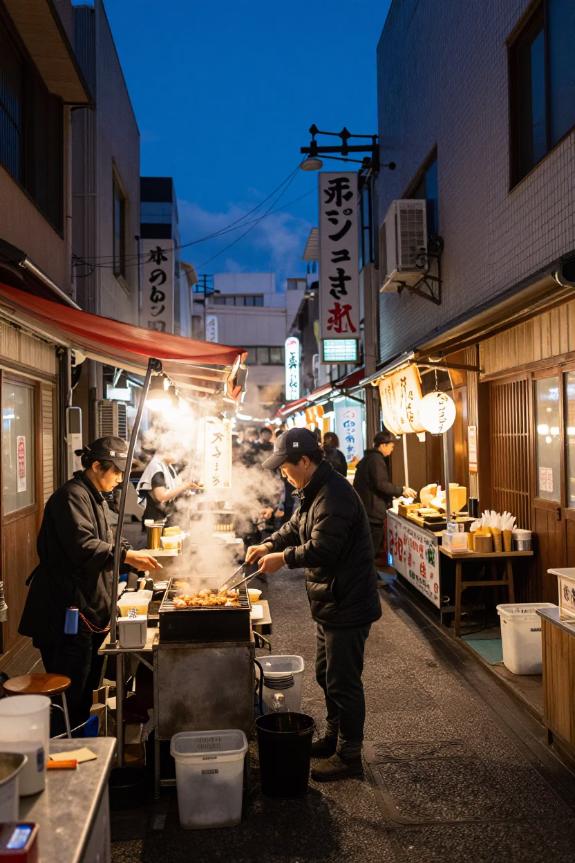 Fukuoka Dotonbori Alleyway Night Street Food Vendor with Steam and Urban Life in in Fukuoka, Japan