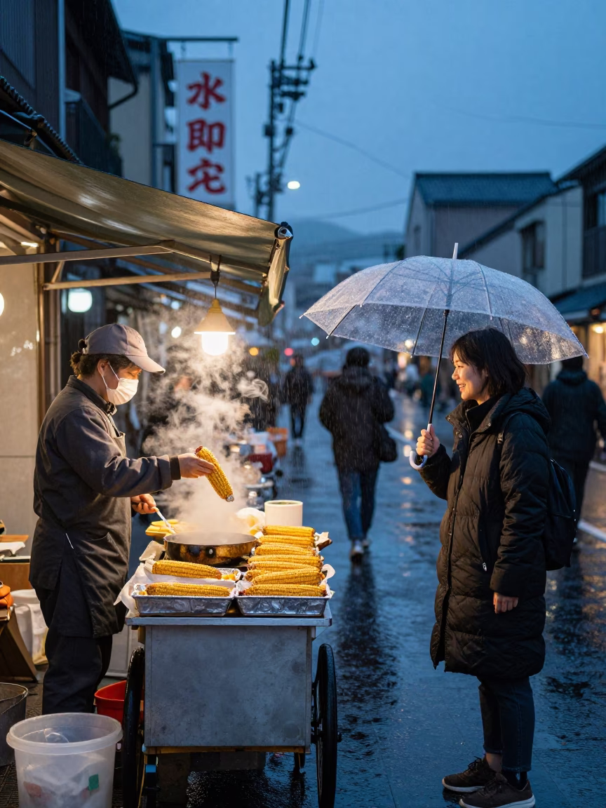 Fukuoka Dusk Rain Street Vendor Selling Hot Corn with Steam Rising in in Fukuoka, Japan