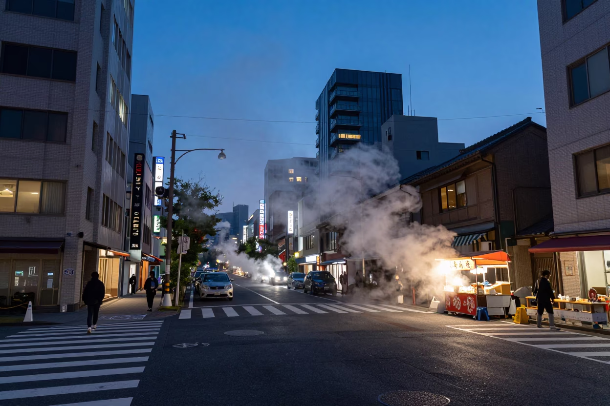 Fukuoka Dusk Street Scene with Steam Haze and Urban Twilight Ambiance in in Fukuoka, Japan
