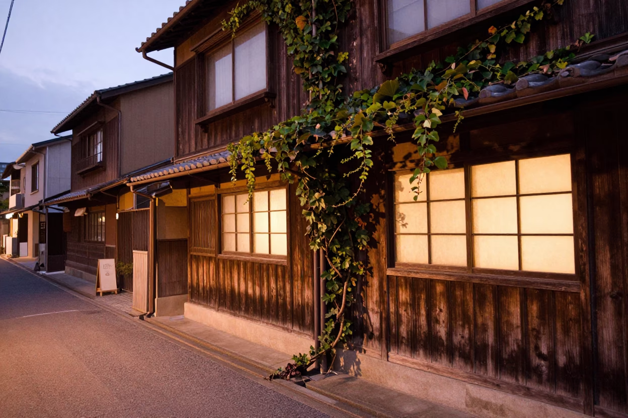 Fukuoka Dusk Street Scene with Vine and Window Light on Bottle Neck in in Fukuoka, Japan