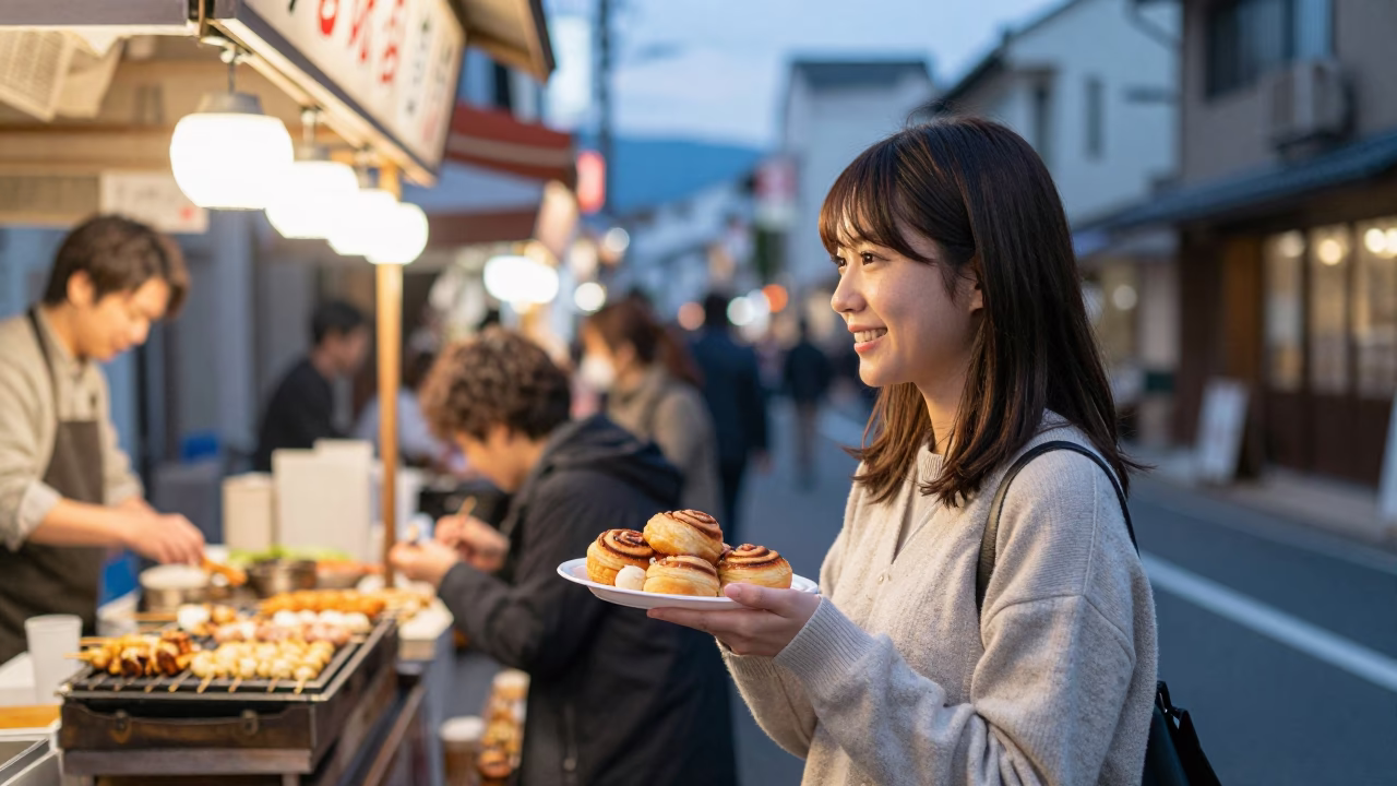 Fukuoka Early Evening Street Scene with Local Dining and Urban Infrastructure in in Fukuoka, Japan