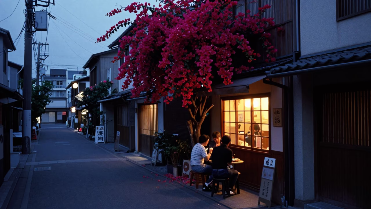 Fukuoka Evening Street Scene with Bougainvillea and Local Diners in in Fukuoka, Japan