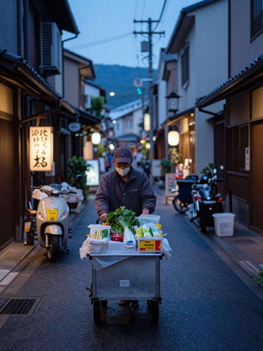Fukuoka Evening Street Scene with Rolling Carts and Condensation in in Fukuoka, Japan