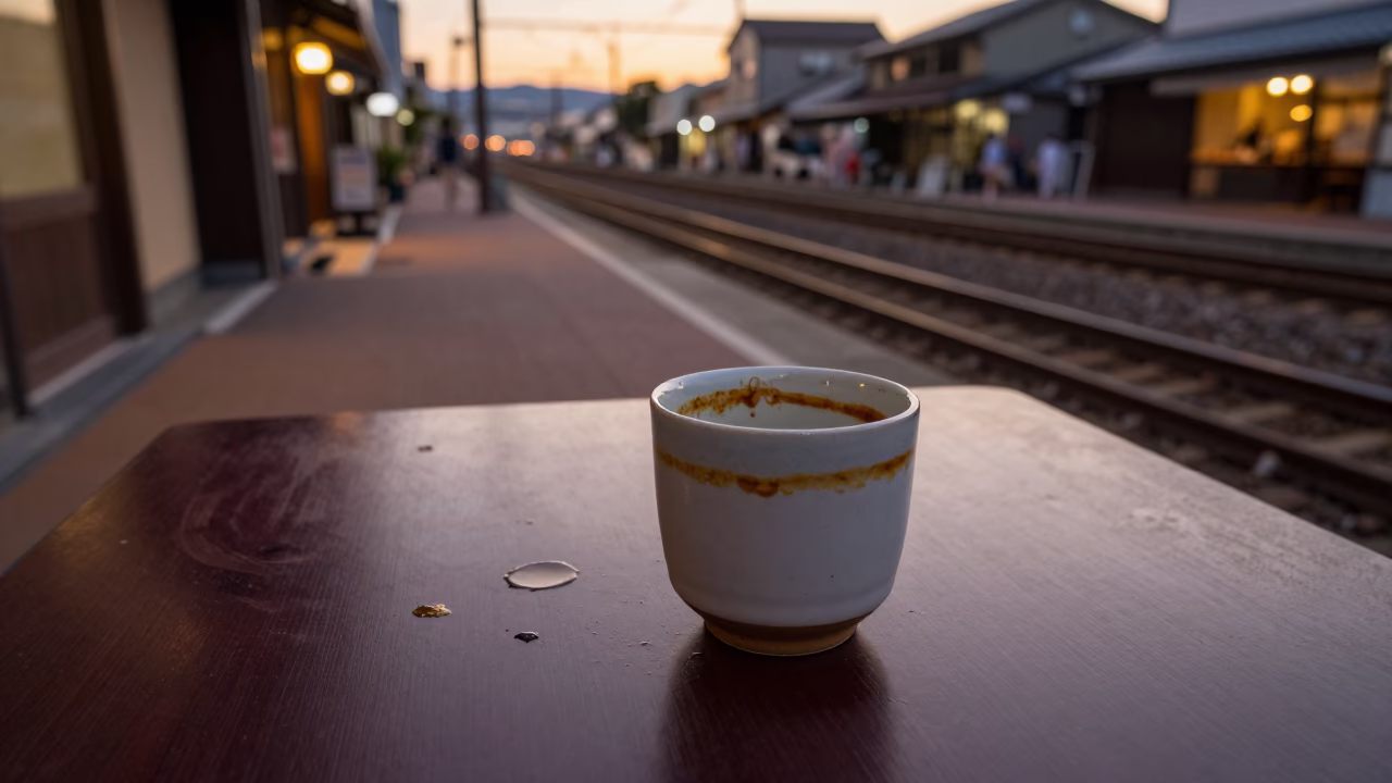 Fukuoka Evening Street Scene with Tea Stains and Railway Viaduct in in Fukuoka, Japan