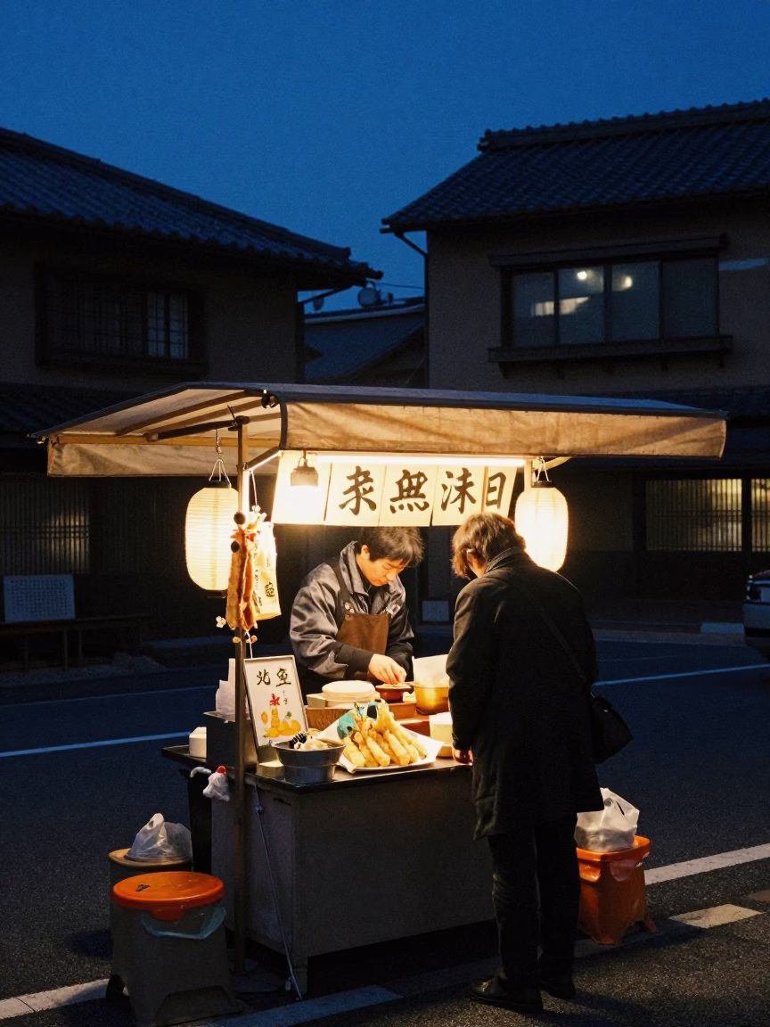 Fukuoka Evening Street Scene with Udon and Tempura in Indigo Twilight in in Fukuoka, Japan