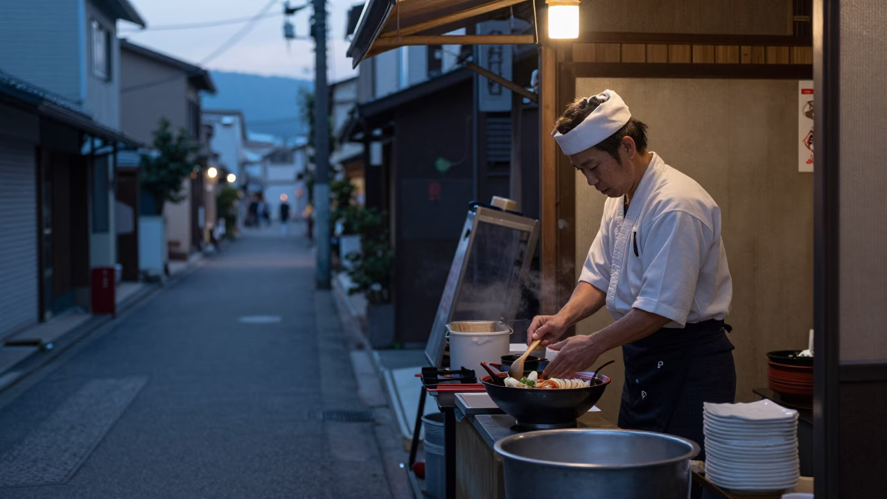 Fukuoka Food Preparation at Sunrise Light in in Fukuoka, Japan