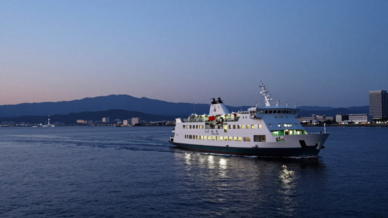 Fukuoka Harbor Ferry Departure at Blue Hour with Distant Mountains in in Fukuoka, Japan