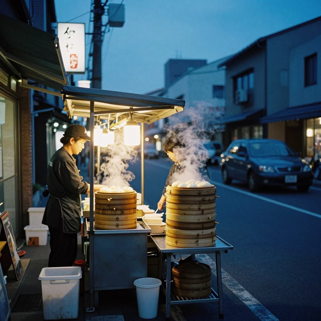 Fukuoka Indigo Twilight Street Scene with Bamboo Steamers and Local Dining in in Fukuoka, Japan