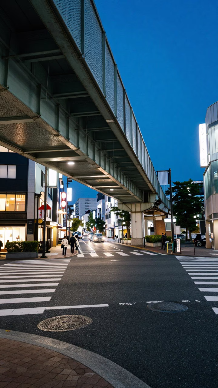 Fukuoka indigo twilight street scene with perforated metal overpass and wet pavement in in Fukuoka, Japan