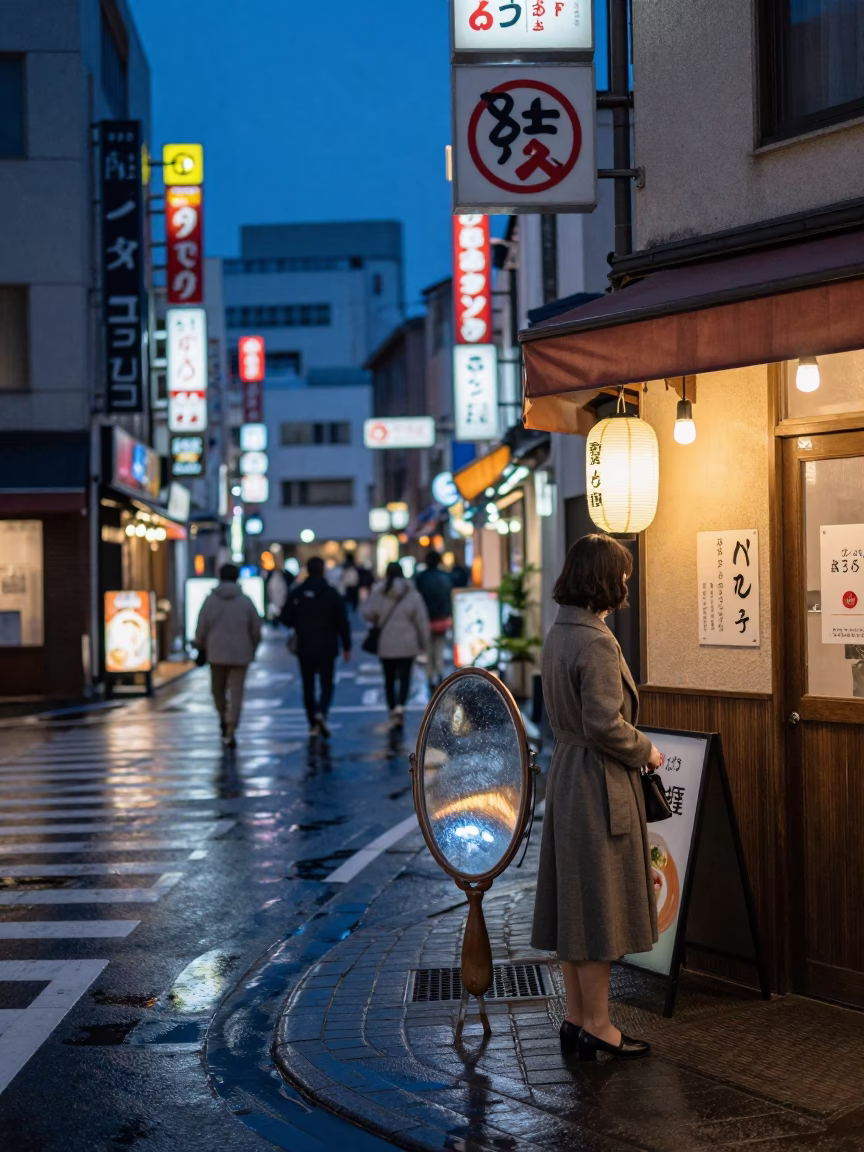 Fukuoka Indigo Twilight Street Scene with Vintage Hand Mirror Reflection in in Fukuoka, Japan