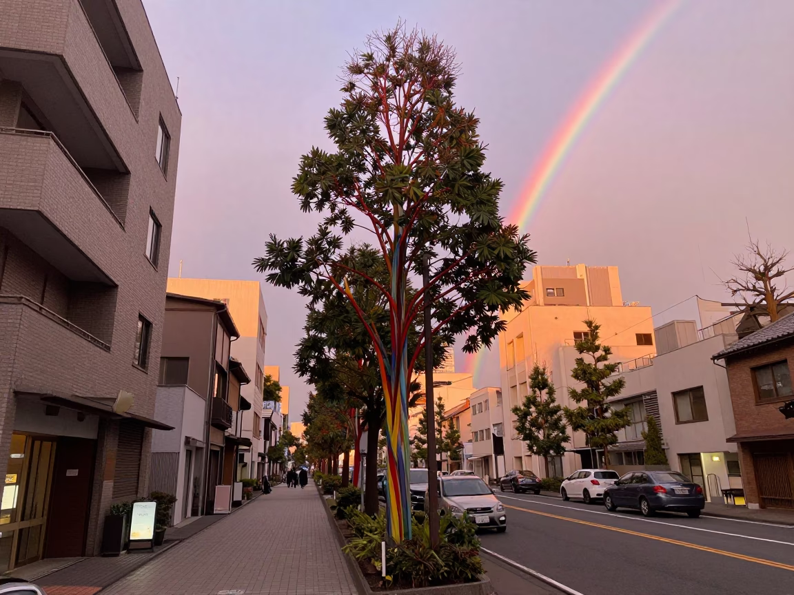 Fukuoka Japan before dusk street scene with rainbow eucalyptus and urban infrastructure in in Fukuoka, Japan