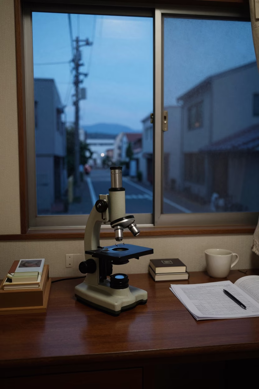 Fukuoka Japan Blue Hour Street Scene with Antique Microscope on Desk in in Fukuoka, Japan
