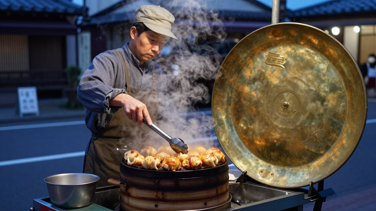 Fukuoka Japan Blue Hour Street Scene with Brass Plate and Tongs in in Fukuoka, Japan