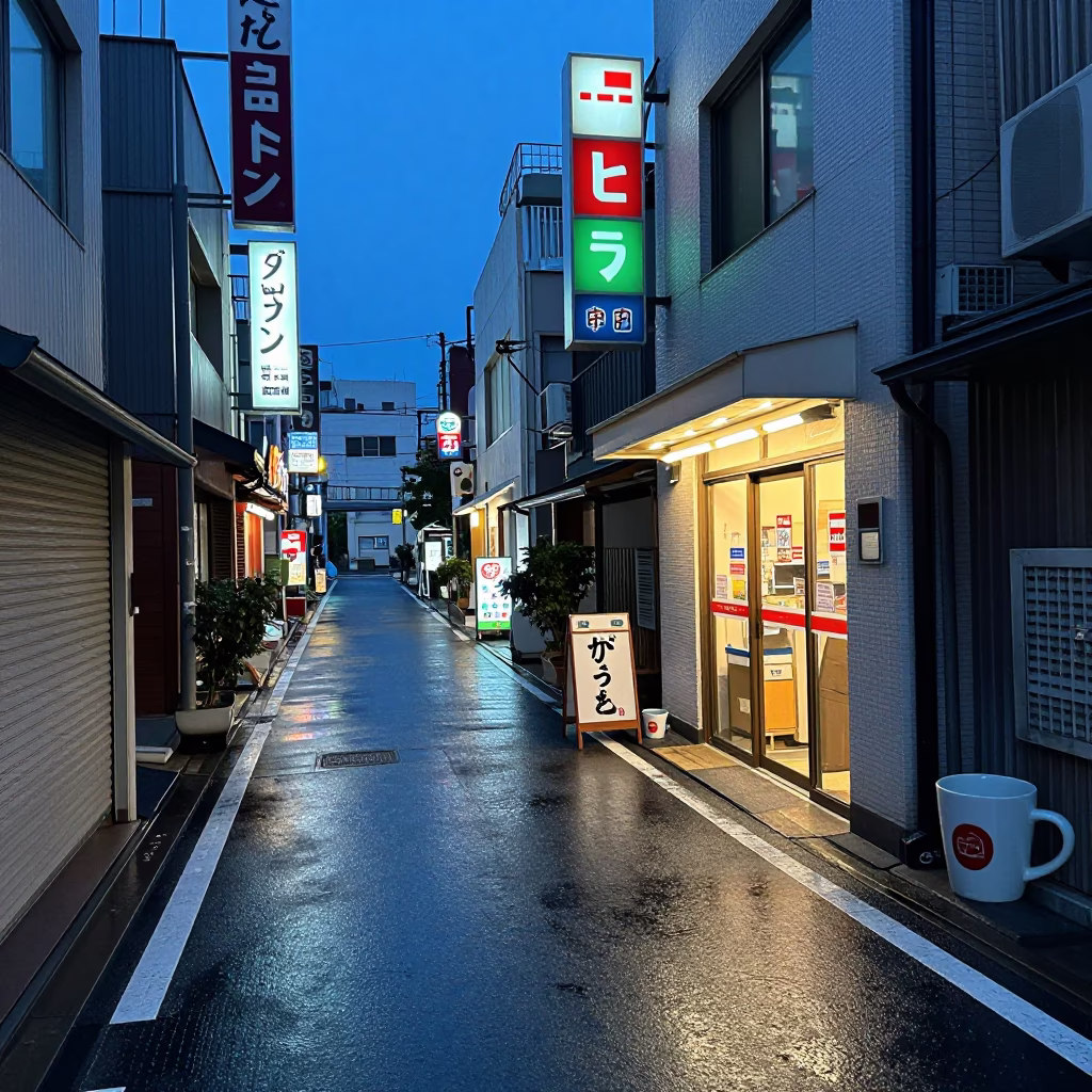 Fukuoka Japan Blue Hour Street Scene with Coffee Mugs and Urban Details in in Fukuoka, Japan