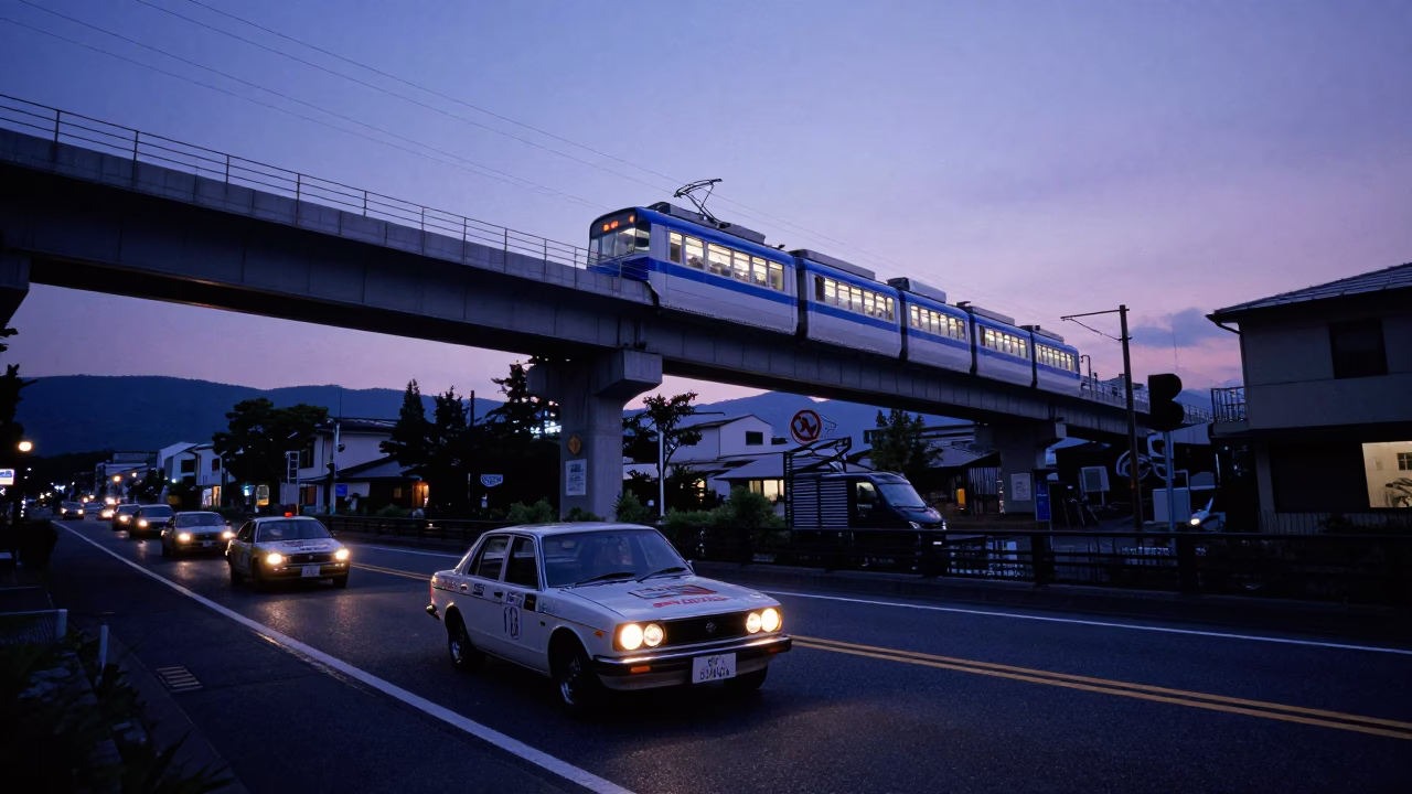 Fukuoka Japan Blue Hour Street Scene with Monorail and Vintage Car Rally in in Fukuoka, Japan