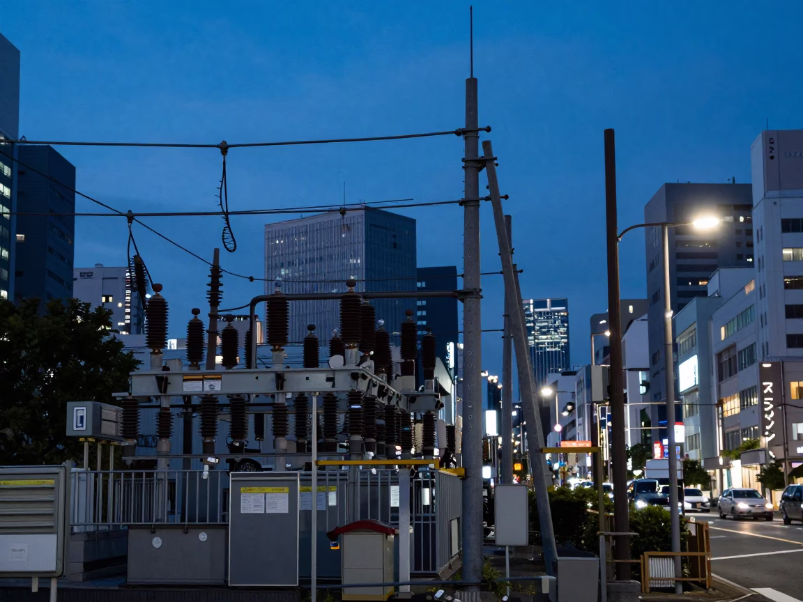 Fukuoka Japan Blue Hour Street Scene with Substation Busbars and Urban Twilight in in Fukuoka, Japan