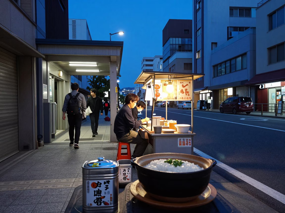 Fukuoka Japan Blue Hour Street Scene with Tiffin Tin and Claypot Rice in in Fukuoka, Japan