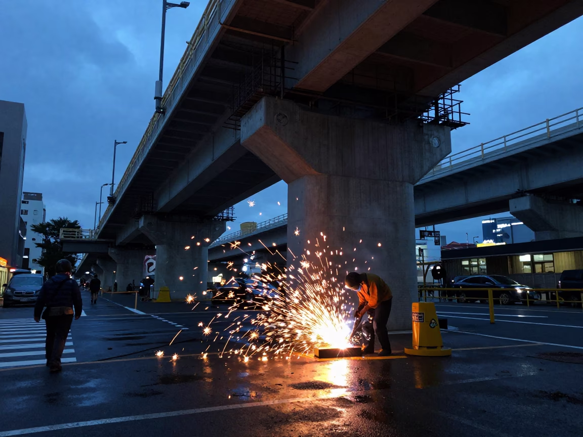 Fukuoka Japan Blue Hour Street Scene with Welding Sparks Under Bridge Construction Platform in in Fukuoka, Japan