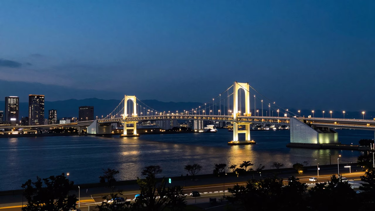 Fukuoka Japan City Lights Glow Cable Stayed Bridge Illuminated Dark Harbor Night in in Fukuoka, Japan