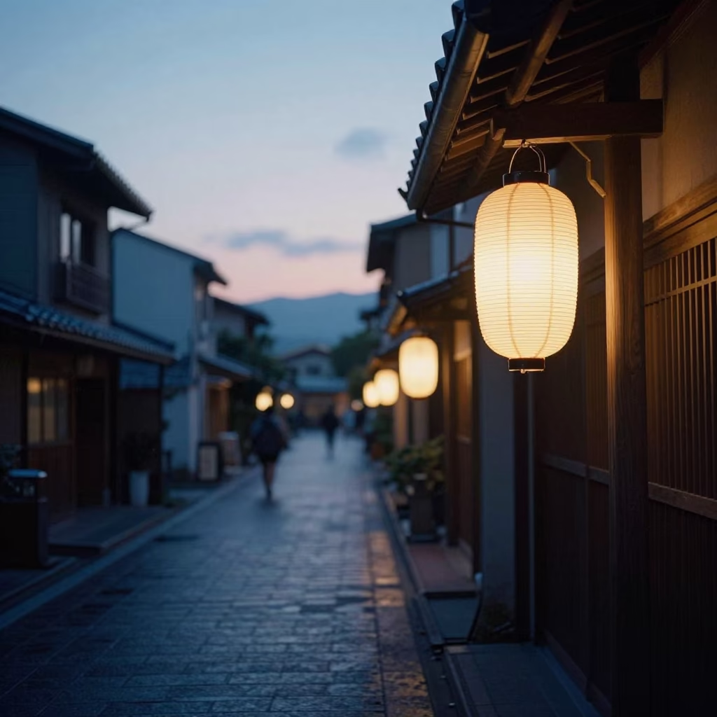 Fukuoka Japan Dawn Street Scene Lantern Glow and Urban Quiet Before Sunrise in in Fukuoka, Japan