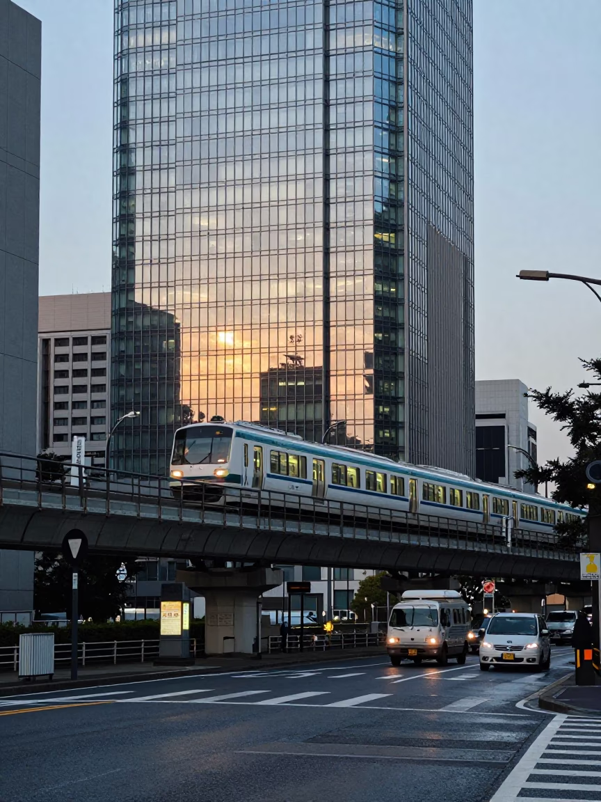 Fukuoka Japan Dawn Street Scene Monorail Reflection Glass Skyscraper in in Fukuoka, Japan