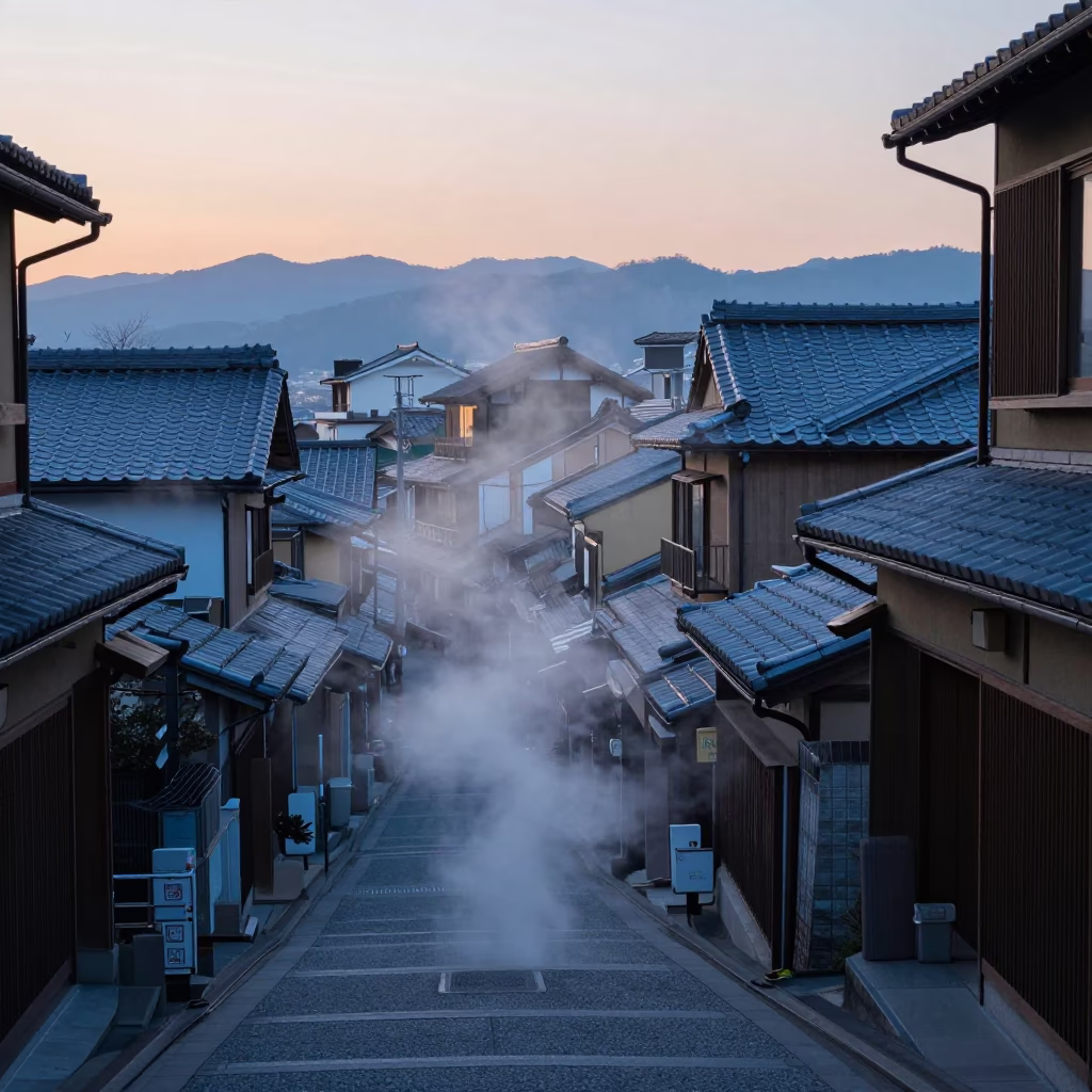 Fukuoka Japan Dawn Street Scene with Steam Haze and Traditional Architecture in in Fukuoka, Japan