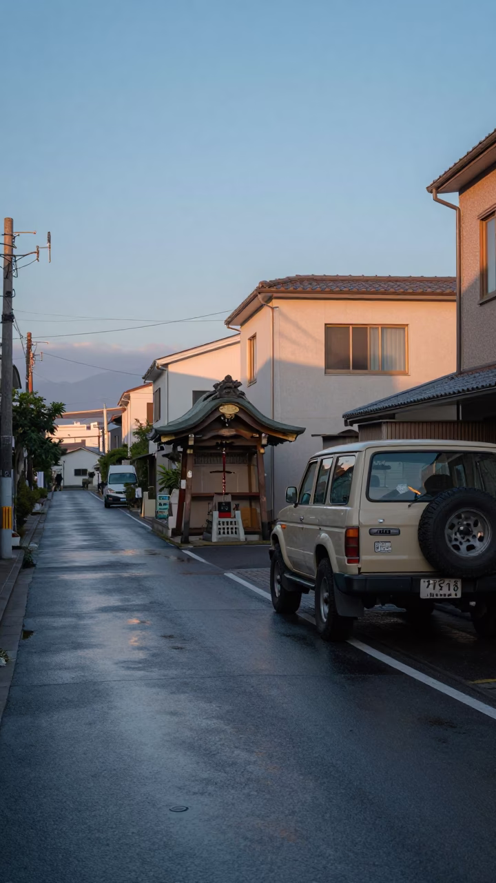 Fukuoka Japan Dawn Street Scene with Sun Hat and Rust Stool in Quiet Neighborhood in in Fukuoka, Japan